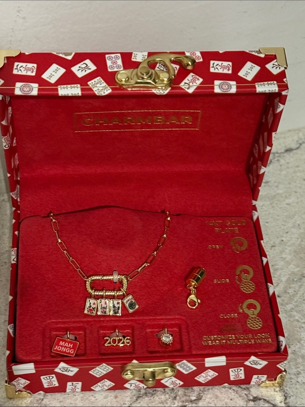 Gold Mahjong Charm Necklace with bonus magnetic clasp (for optional use)